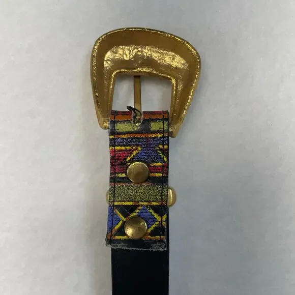 VTG The Limited Leather Belt Multicolor Abstract Geometric Statement Gold Buckle - Picture 9 of 10